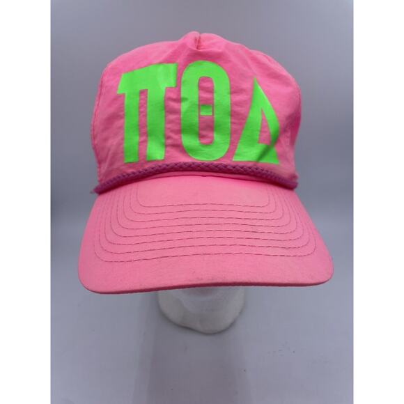 Vtg Pi Theta Delta Sorority Cap Hat Bright Neon Pink Rope Trucker Unisex - Picture 1 of 11